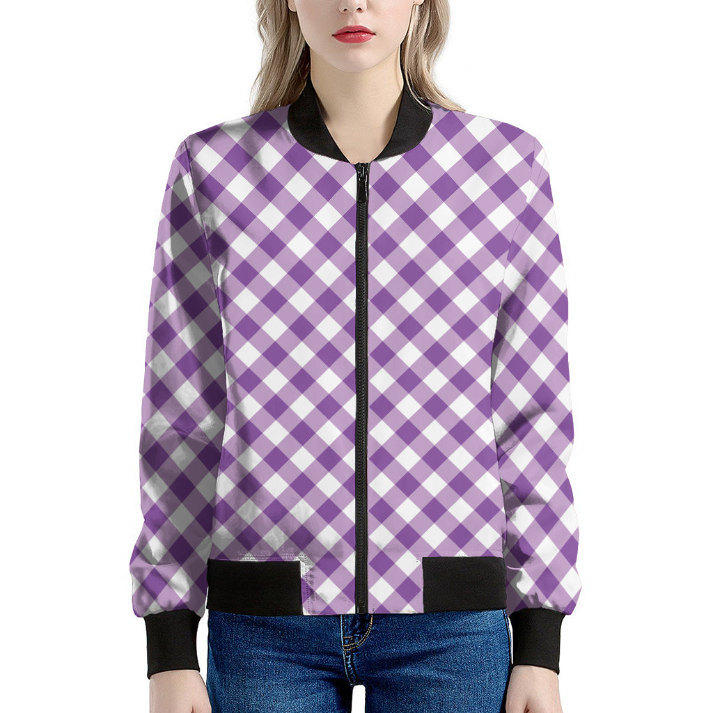 Violet And White Gingham Pattern Print Women's Bomber Jacket