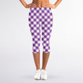 Violet And White Gingham Pattern Print Women's Capri Leggings