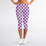 Violet And White Gingham Pattern Print Women's Capri Leggings
