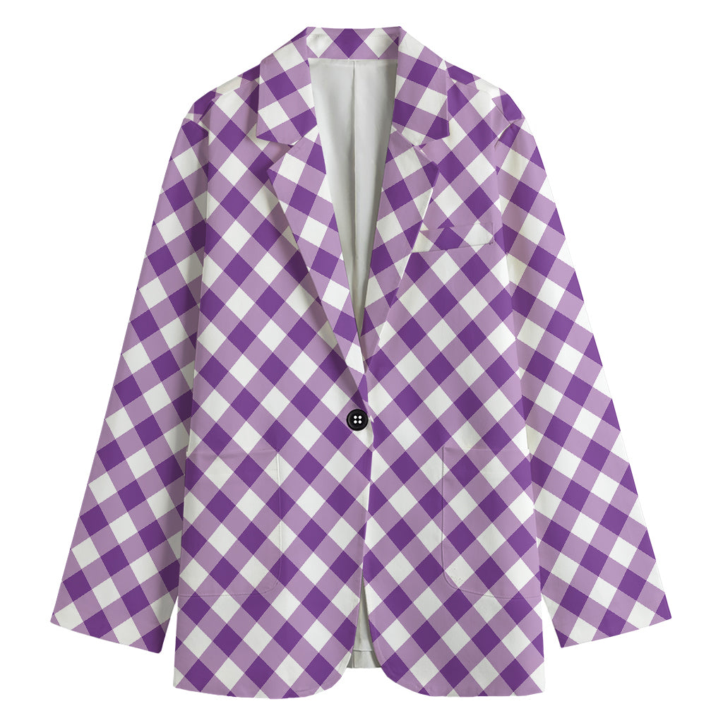 Violet And White Gingham Pattern Print Women's Cotton Blazer