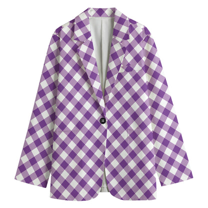 Violet And White Gingham Pattern Print Women's Cotton Blazer