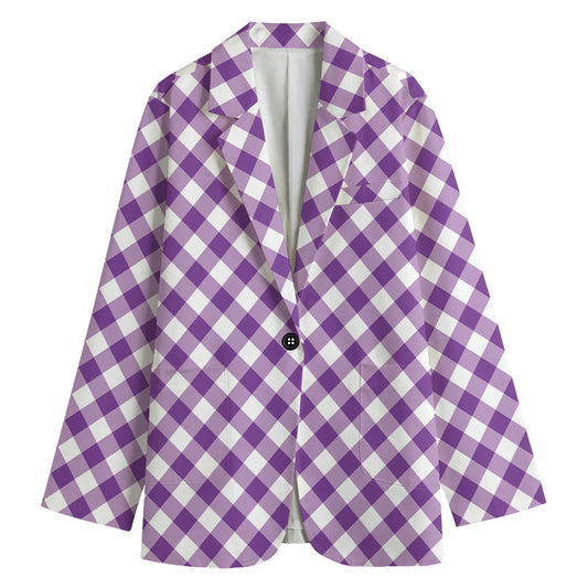 Violet And White Gingham Pattern Print Women's Cotton Blazer