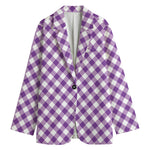 Violet And White Gingham Pattern Print Women's Cotton Blazer