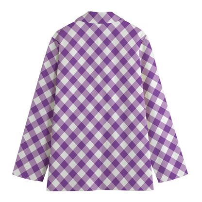 Violet And White Gingham Pattern Print Women's Cotton Blazer