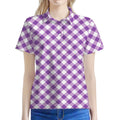 Violet And White Gingham Pattern Print Women's Polo Shirt