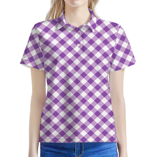 Violet And White Gingham Pattern Print Women's Polo Shirt