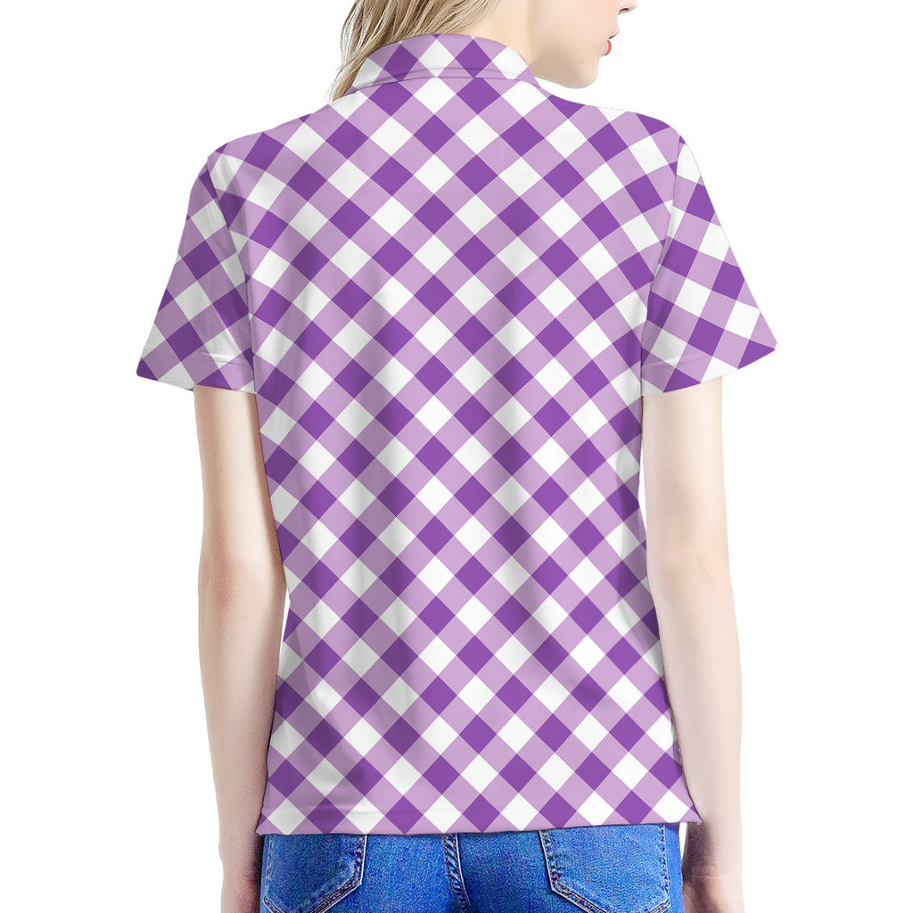 Violet And White Gingham Pattern Print Women's Polo Shirt