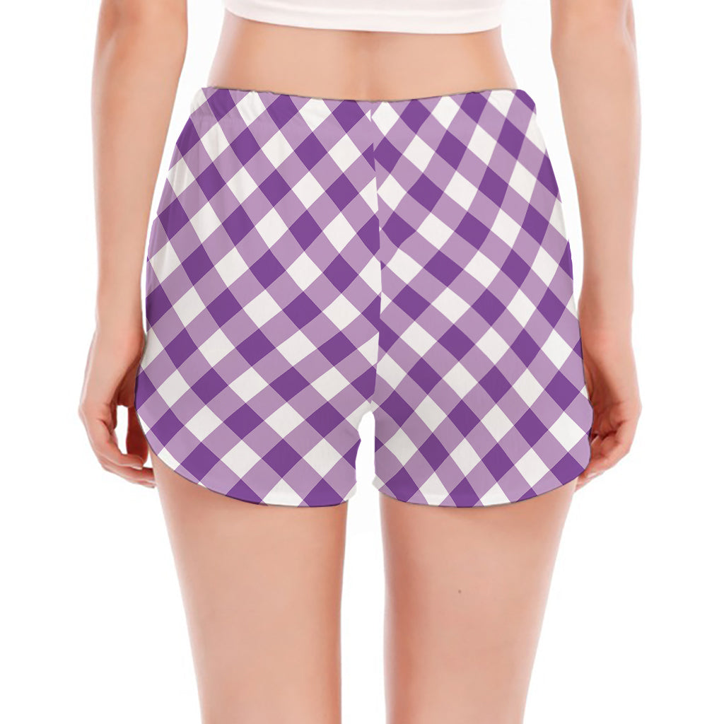 Violet And White Gingham Pattern Print Women's Split Running Shorts