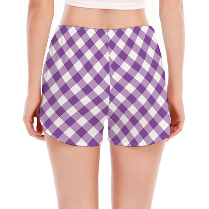 Violet And White Gingham Pattern Print Women's Split Running Shorts