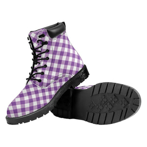 Violet And White Gingham Pattern Print Work Boots