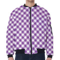 Violet And White Gingham Pattern Print Zip Sleeve Bomber Jacket