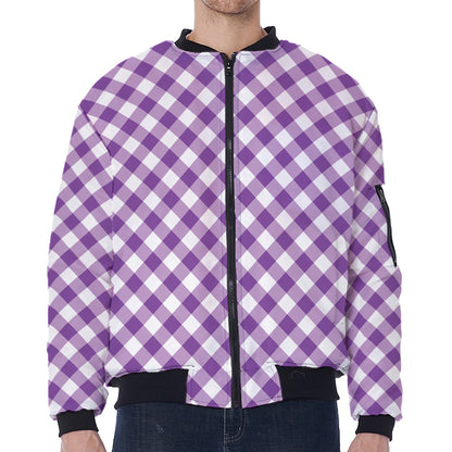 Violet And White Gingham Pattern Print Zip Sleeve Bomber Jacket