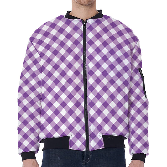 Violet And White Gingham Pattern Print Zip Sleeve Bomber Jacket