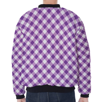 Violet And White Gingham Pattern Print Zip Sleeve Bomber Jacket