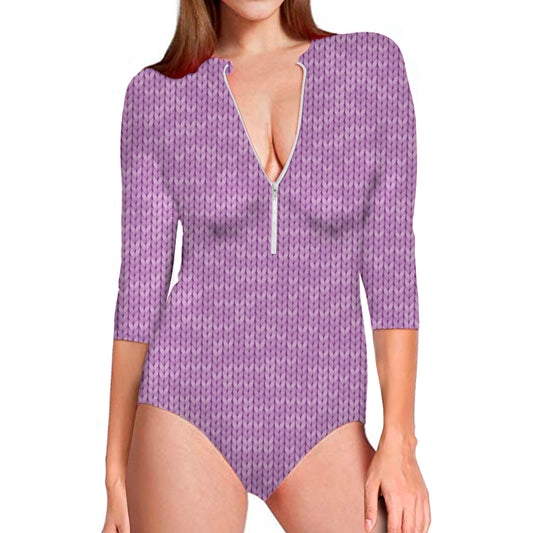 Violet Knitted Pattern Print Long Sleeve Swimsuit