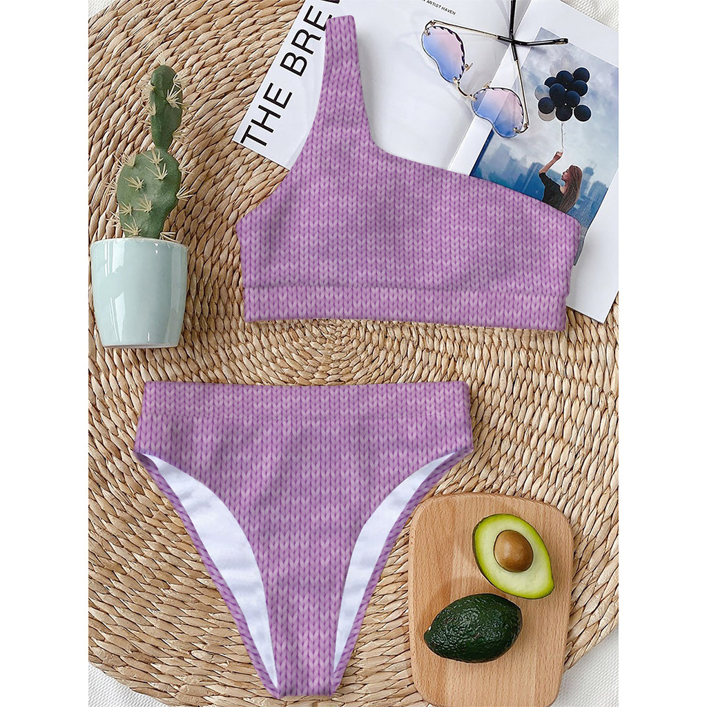 Violet Knitted Pattern Print One Shoulder Bikini Top