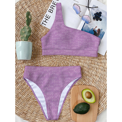 Violet Knitted Pattern Print One Shoulder Bikini Top
