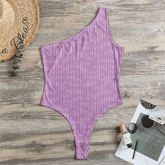 Violet Knitted Pattern Print One Shoulder Bodysuit