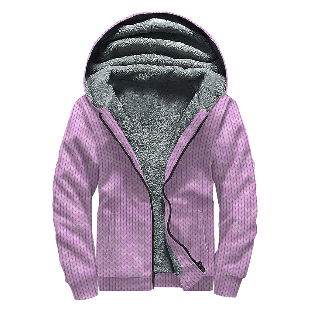 Violet Knitted Pattern Print Sherpa Lined Zip Up Hoodie