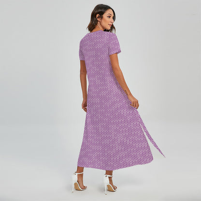 Violet Knitted Pattern Print Short Sleeve Maxi Dress