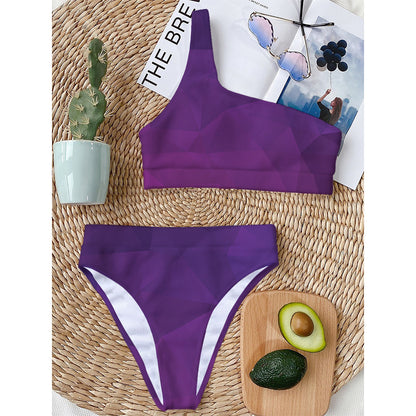Violet Polygonal Geometric Print One Shoulder Bikini Top