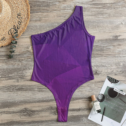 Violet Polygonal Geometric Print One Shoulder Bodysuit