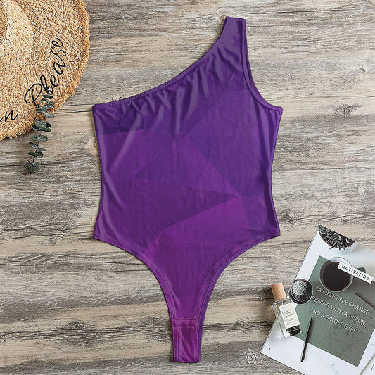 Violet Polygonal Geometric Print One Shoulder Bodysuit