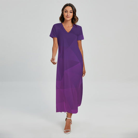 Violet Polygonal Geometric Print Short Sleeve Maxi Dress