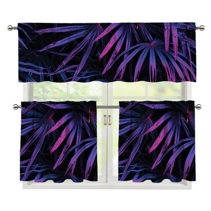 Violet Tropical Leaves Print 3 Piece Kitchen Curtains