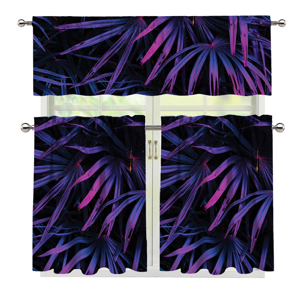 Violet Tropical Leaves Print 3 Piece Kitchen Curtains