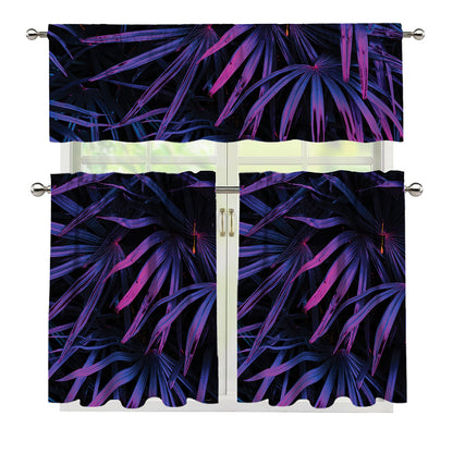 Violet Tropical Leaves Print 3 Piece Kitchen Curtains