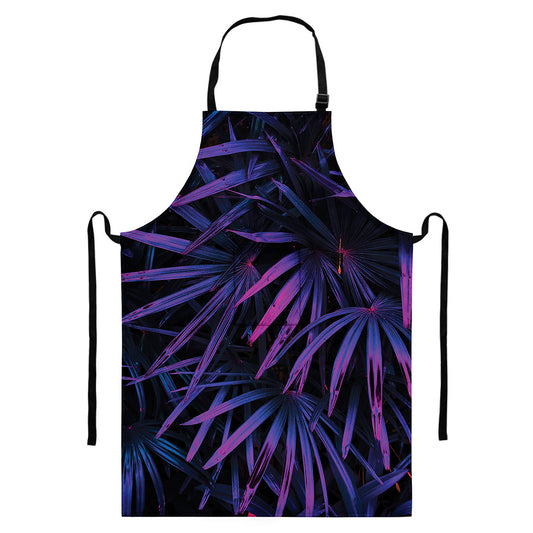 Violet Tropical Leaves Print Bib Apron With Pocket