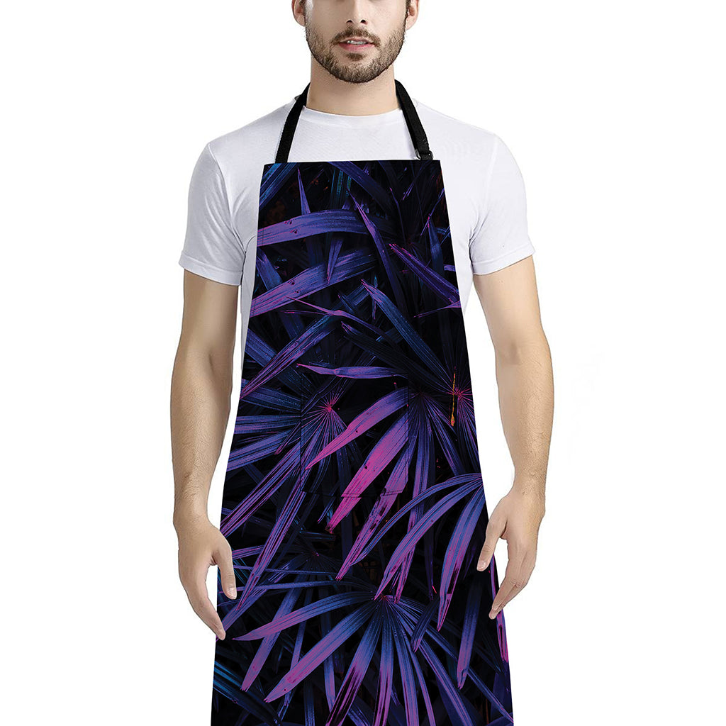 Violet Tropical Leaves Print Bib Apron With Pocket