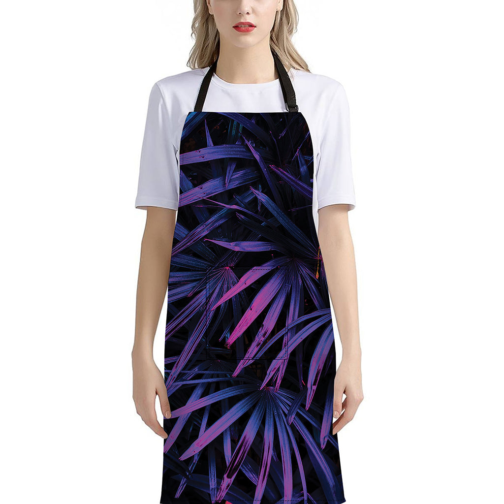 Violet Tropical Leaves Print Bib Apron With Pocket