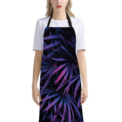 Violet Tropical Leaves Print Bib Apron With Pocket