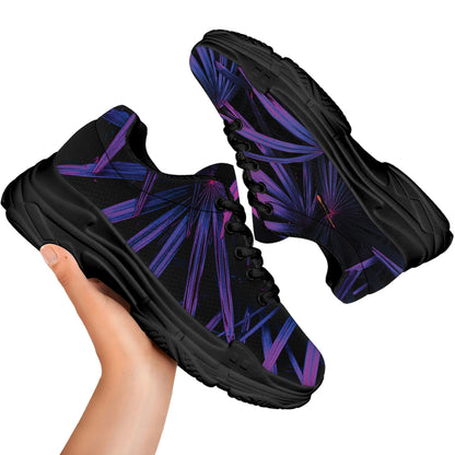 Violet Tropical Leaves Print Black Chunky Shoes