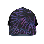 Violet Tropical Leaves Print Black Mesh Trucker Cap