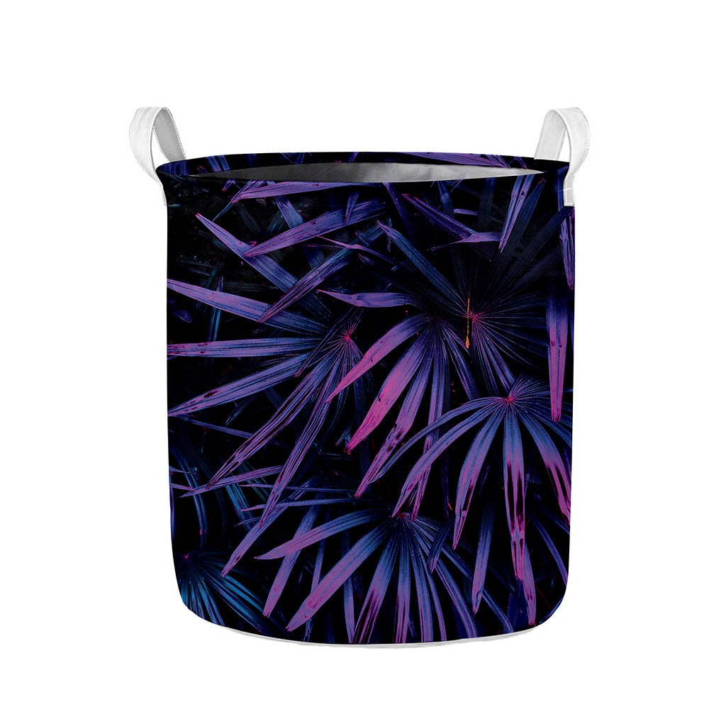 Violet Tropical Leaves Print Collapsible Laundry Basket
