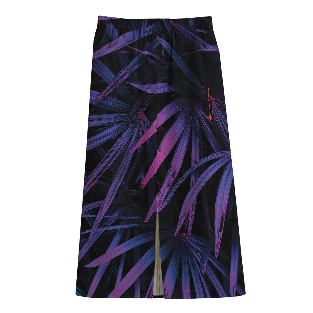 Violet Tropical Leaves Print Cotton Front Slit Maxi Skirt