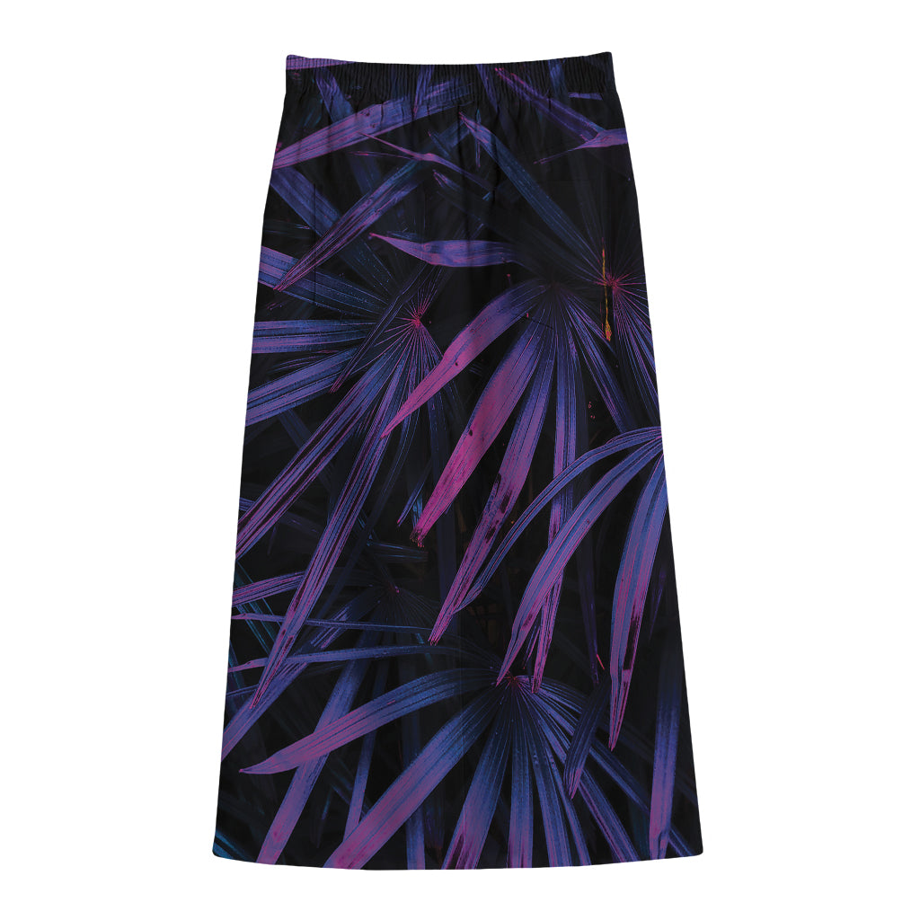 Violet Tropical Leaves Print Cotton Front Slit Maxi Skirt