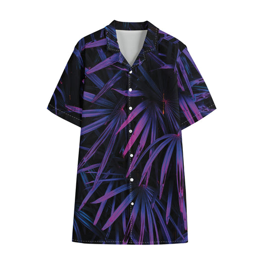 Violet Tropical Leaves Print Cotton Hawaiian Shirt
