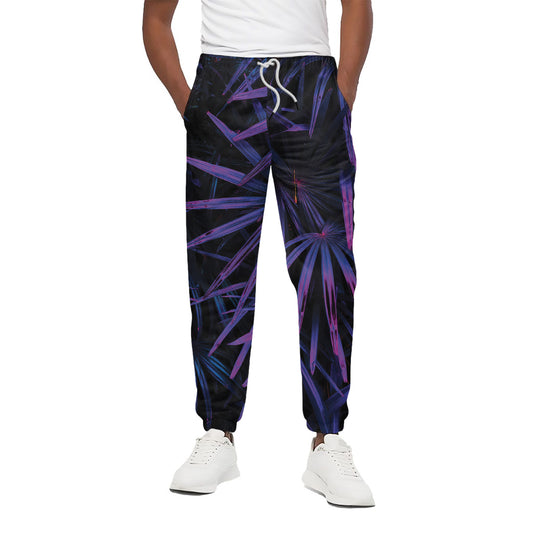 Violet Tropical Leaves Print Cotton Pants
