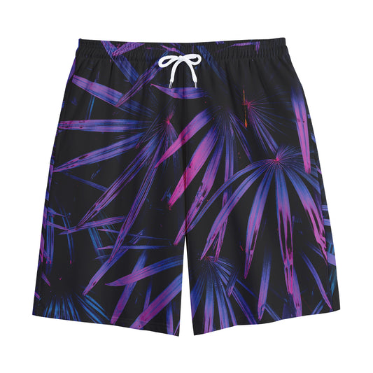 Violet Tropical Leaves Print Cotton Shorts