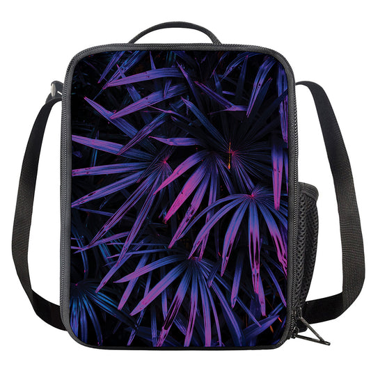 Violet Tropical Leaves Print Crossbody Lunch Bag