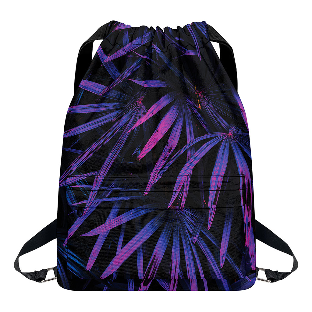 Violet Tropical Leaves Print Drawstring Backpack