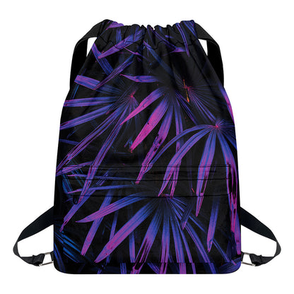 Violet Tropical Leaves Print Drawstring Backpack