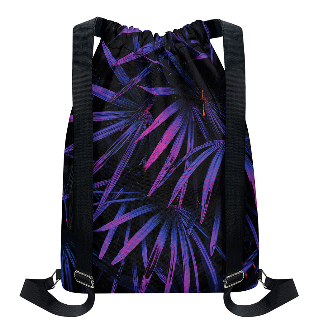 Violet Tropical Leaves Print Drawstring Backpack