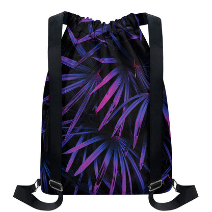 Violet Tropical Leaves Print Drawstring Backpack