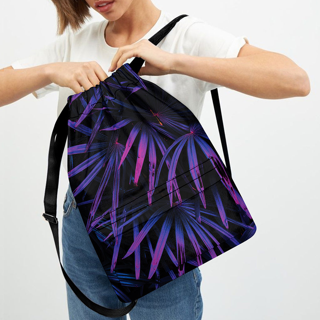 Violet Tropical Leaves Print Drawstring Backpack