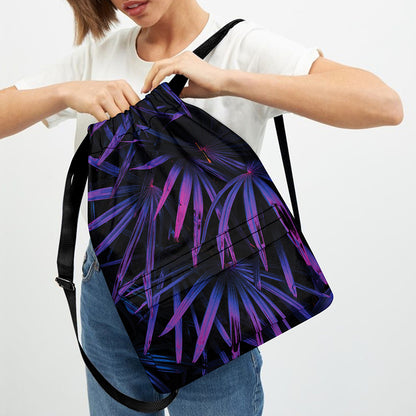 Violet Tropical Leaves Print Drawstring Backpack